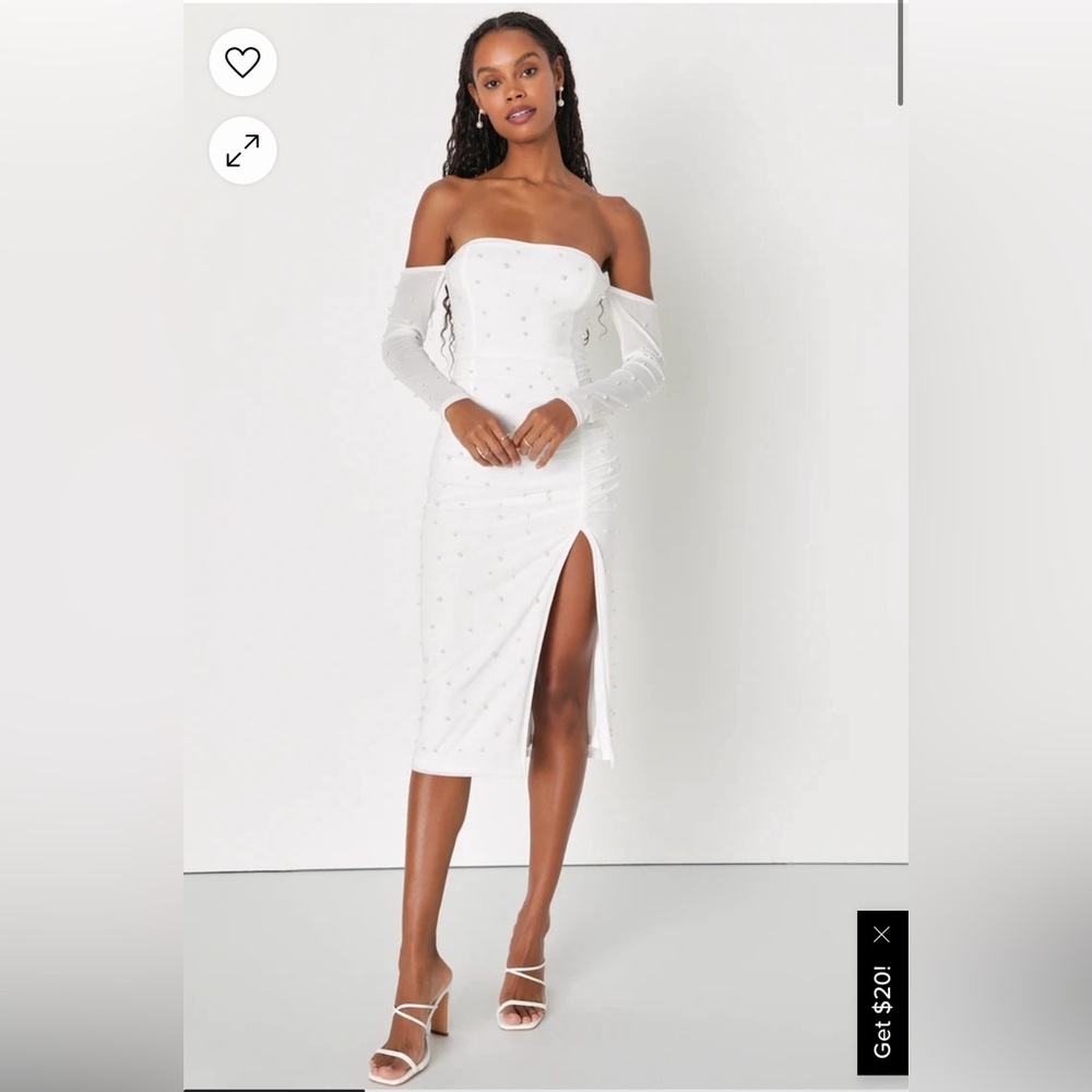 Lulus White pearl off-shouldered long sleeve bodycon dress